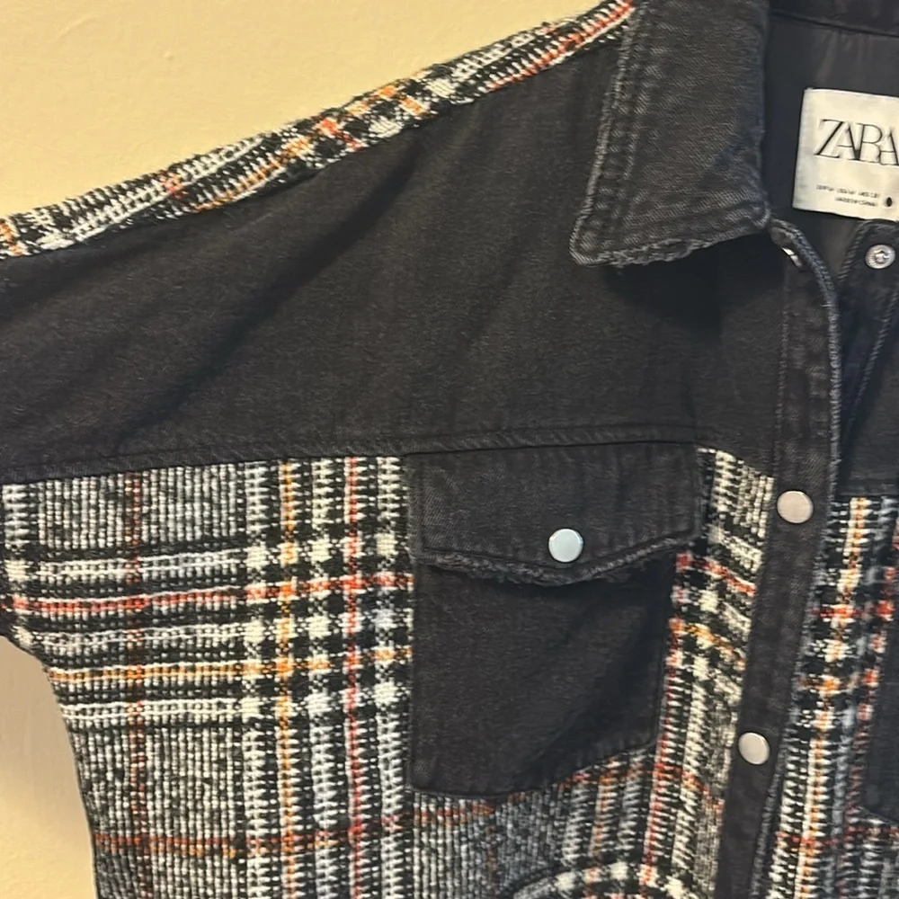 Zara Black and Plaid Jean Jacket